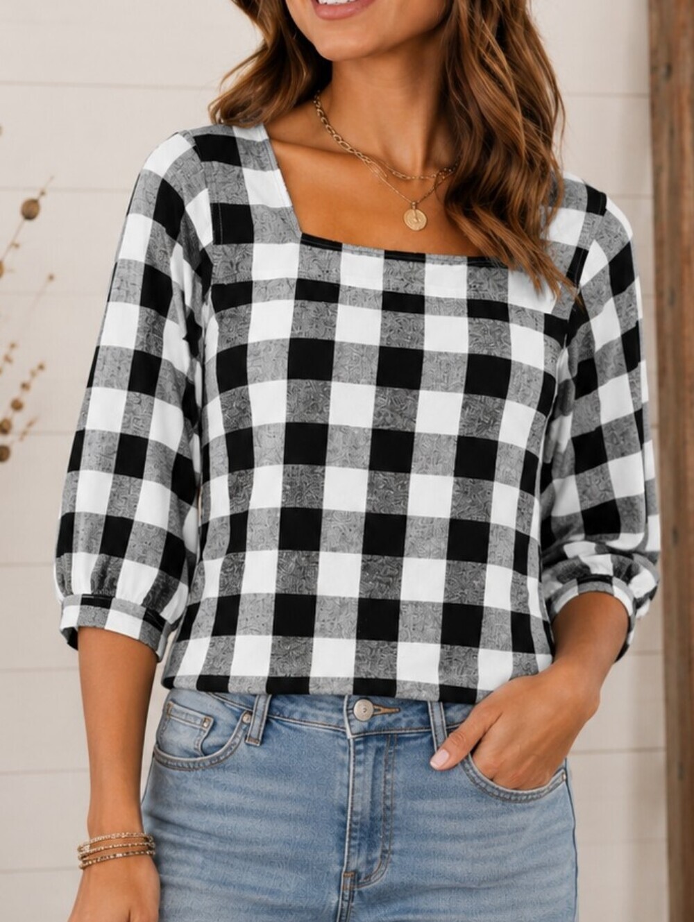 Black White Women's Buffalo Plaid Linen Blend Top Size S Square Neck Western
